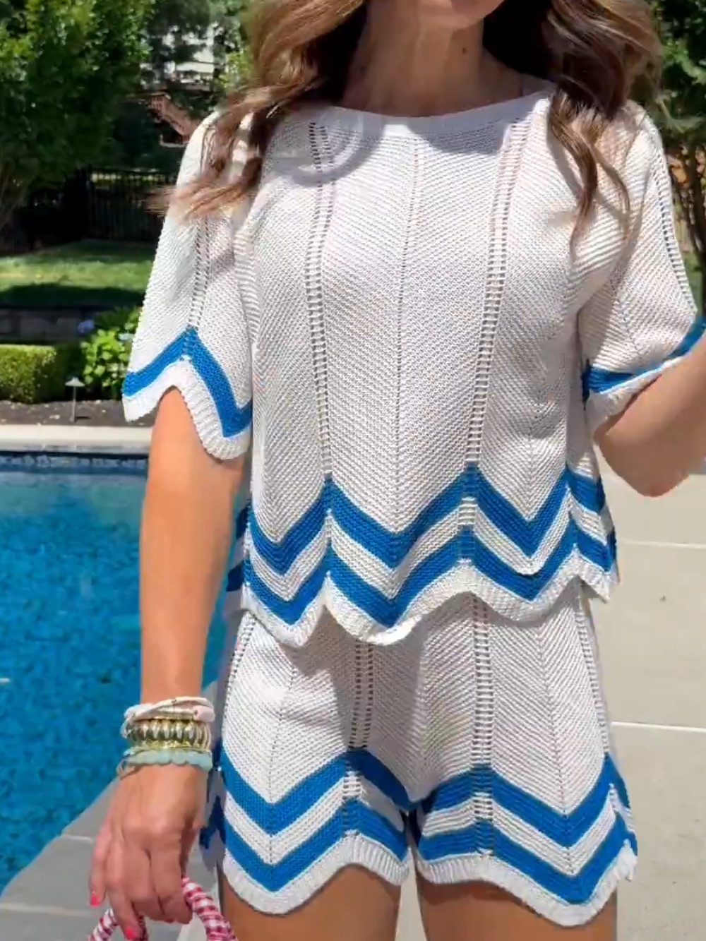 White Knit Two-Piece Set with Blue Chevron Trim🎆
